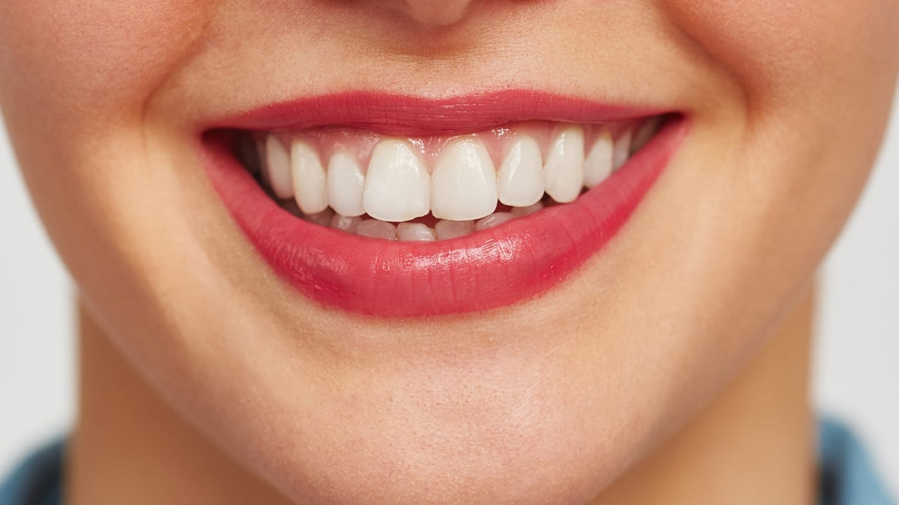 Close-up shot of female face with charming toothy smile against white background