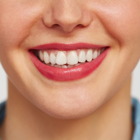 Close-up shot of female face with charming toothy smile against white background