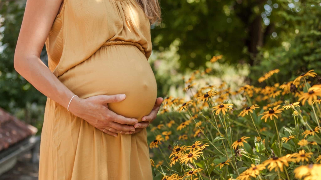 Unrecognizable pregnant woman holding her belly next to flowers in nature.