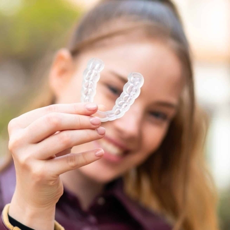 Young pretty girl at outdoors holding invisible braces with happy expression